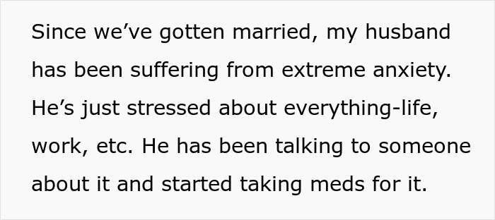 Text describing husband getting anxious after marriage, experiencing extreme anxiety and stress, and taking medication.