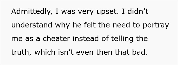 Text excerpt showing upset wife explaining her husband lied about cheating due to shallow behavior over her new weight.