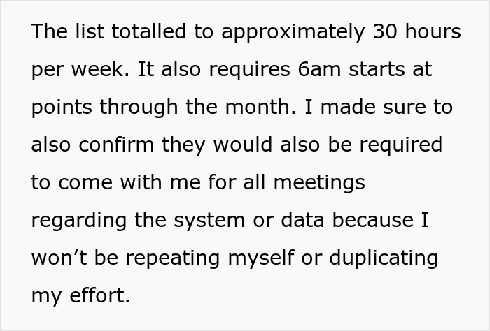 Text excerpt detailing extensive hours and meeting commitments an engineer requires after software access is revoked by HR.