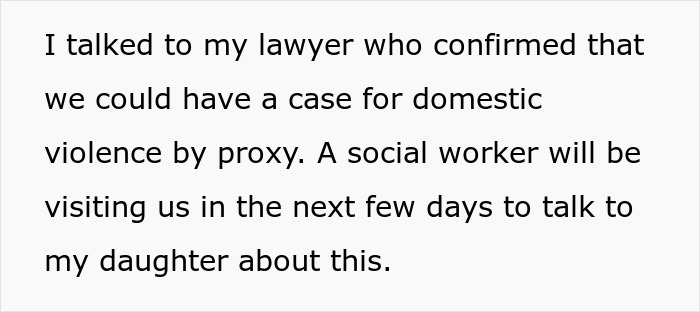 Text excerpt discussing a potential domestic violence case by proxy and a social worker visiting to talk with a daughter.