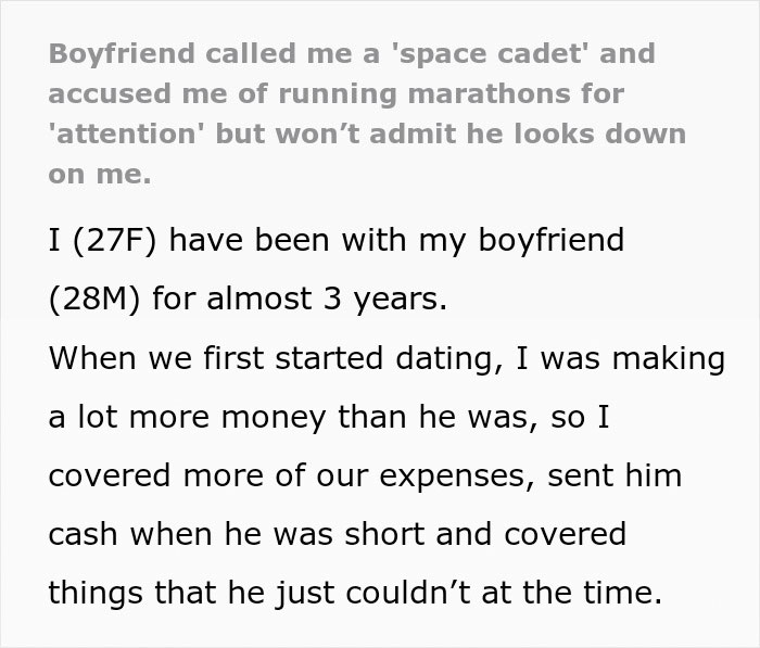 Text excerpt discussing a couple's financial dynamics and red flags after man starts earning more than girlfriend.