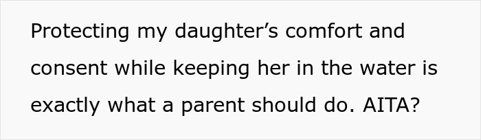 Parent discussing protecting daughter’s comfort during swim lesson with male swim teacher and modest swimwear issue. Parent discussing protecting daughter’s comfort during swim lesson with male swim teacher and modest swimwear issue.