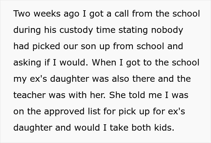 Text message describing custody confusion about picking up kids from school involving cheating guy and ex’s affair child. Text message describing custody confusion about picking up kids from school involving cheating guy and ex’s affair child.