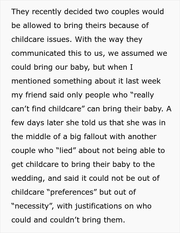 Text discussing bride risking friendship after banning BFF from bringing baby to wedding while others allowed due to childcare. Text discussing bride risking friendship after banning BFF from bringing baby to wedding while others allowed due to childcare.