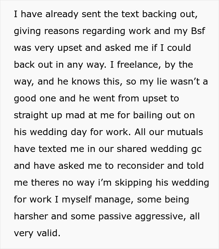 Text discussing a groom kissing best friend at bachelor party, resulting in angry bride banning him from wedding.
