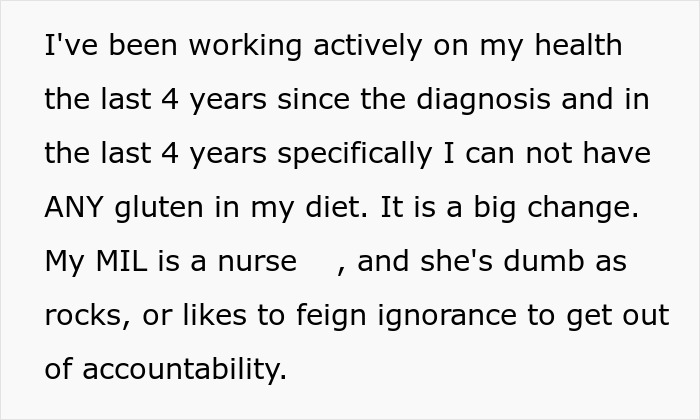 Text excerpt about woman addressing her MIL purposely triggering allergies, highlighting issues with accountability and health struggles. Text excerpt about woman addressing her MIL purposely triggering allergies, highlighting issues with accountability and health struggles.