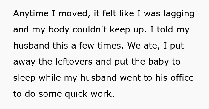 Text passage describing a woman feeling physically drained while her husband works in the office after dinner.