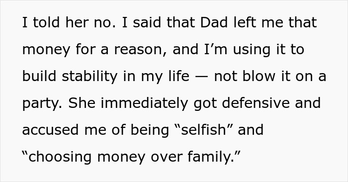 Text excerpt discussing a woman uninviting her sister from her wedding over refusal to gift money for wedding costs.