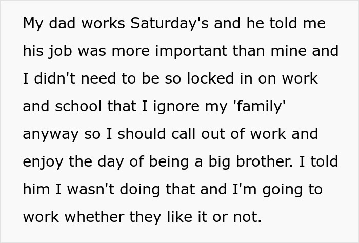 Text excerpt about a teen refusing babysitting responsibilities for half siblings, planning to prioritize work instead.