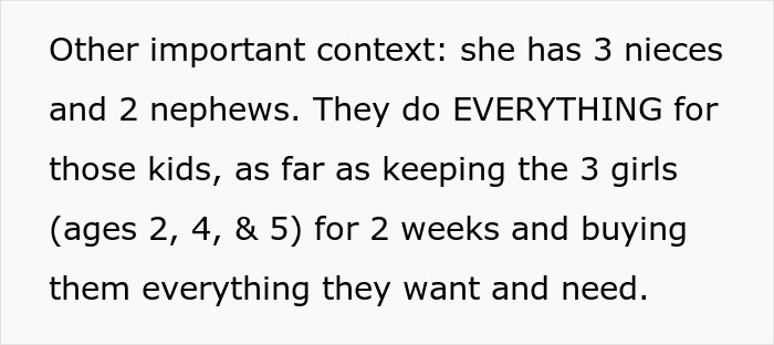 Text discussing family dynamics with nieces and nephews, focusing on care and attention given to children.