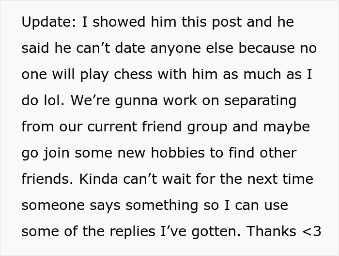 Update text about woman devastated after friends say her model boyfriend is out of her league, planning new hobbies and friends.