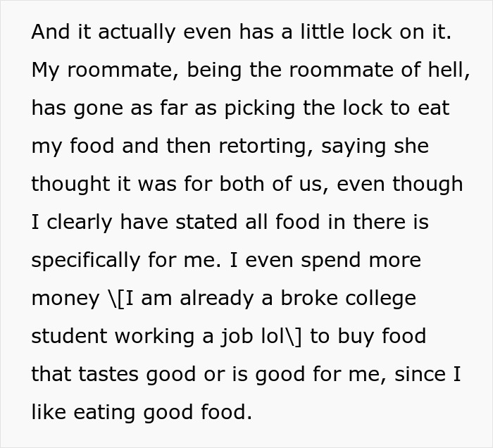 Text about a roommate stealing food despite a lock, highlighting issues with a serial food thief and peanut allergy risks.