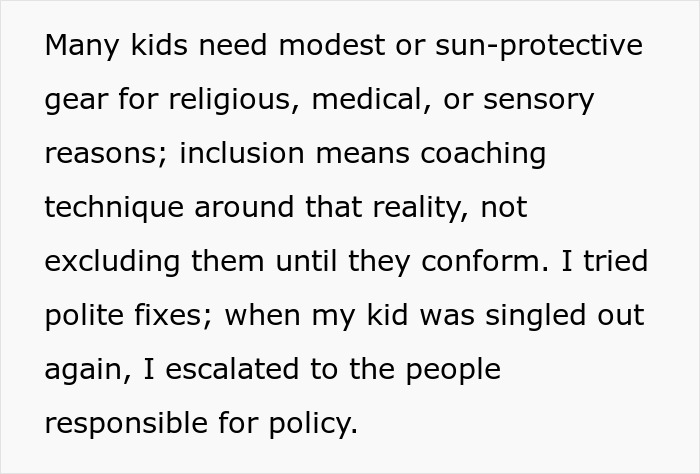Parent discusses male swim teacher asking child to remove modest swimwear or skip lesson at swimming pool facility. Parent discusses male swim teacher asking child to remove modest swimwear or skip lesson at swimming pool facility.