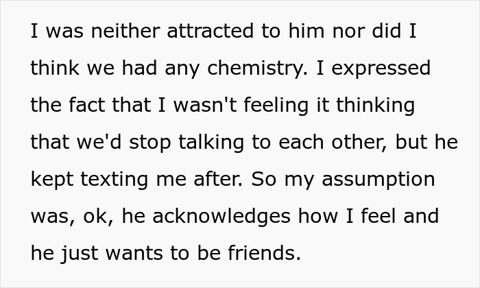 Text excerpt showing a woman describing lack of chemistry and frustration with a guy considering her his girlfriend after one date.