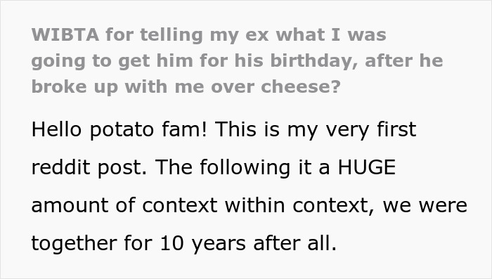 Text post discussing a man breaking up with his girlfriend of ten years after an argument about cheese.