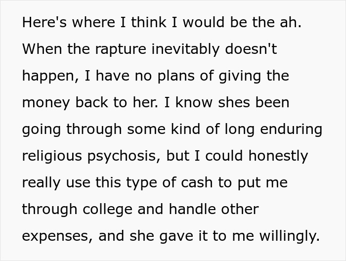 Text about rapture, religious beliefs, and using money for college and expenses after.