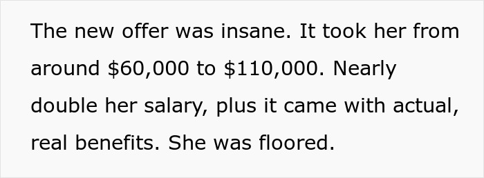 Text describing a salary increase from $60,000 to $110,000 nearly doubling pay with real benefits causing a meltdown after quitting. Text describing a salary increase from $60,000 to $110,000 nearly doubling pay with real benefits causing a meltdown after quitting.