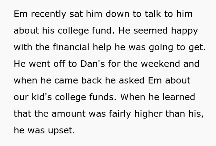 Man discusses college fund tensions as stepson reacts upset after learning about differences in family contributions.