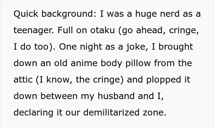 Text excerpt about an anime pillow and a wife in a humorous story involving a MIL's misunderstanding. Text excerpt about an anime pillow and a wife in a humorous story involving a MIL's misunderstanding.