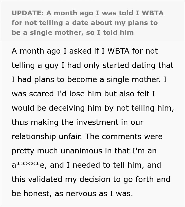 Text excerpt about a woman debating hiding artificial insemination plans from a date while wanting to be a mother.