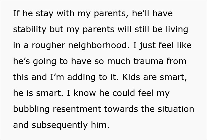Text discussing a single mom abandoning toddler, fearing trauma and instability if child stays with grandparents in a rough neighborhood.