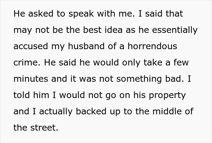 Text excerpt from a story about a couple confronted during a walk with claims of an affair by an elderly neighbor.