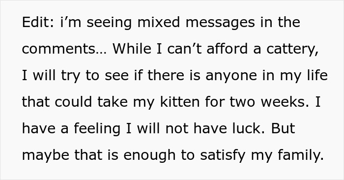 Text explaining a daughter’s parents trying to get rid of her cat while her pregnant sister visits, causing tension. Text explaining a daughter’s parents trying to get rid of her cat while her pregnant sister visits, causing tension.