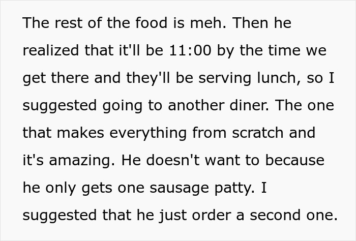 Text excerpt discussing a man refusing to get out of the car to check a restaurant's menu, causing a conflict.
