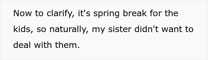 Text excerpt explaining sister not wanting to deal with kids during spring break in family dispute context.