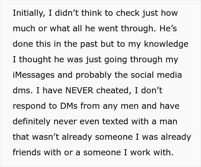 Text excerpt showing a girlfriend explaining she never cheated despite her boyfriend going through her phone secretly.