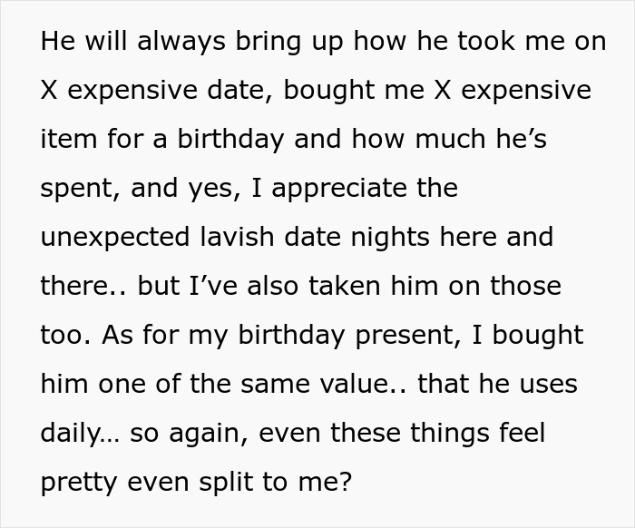 Text excerpt showing concerns about value and fairness in a relationship where man starts earning more than girlfriend.