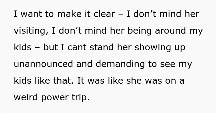 Text about woman showing up unannounced at ex-DIL’s doorstep demanding to see kids, causing conflict and police involvement. Text about woman showing up unannounced at ex-DIL’s doorstep demanding to see kids, causing conflict and police involvement.