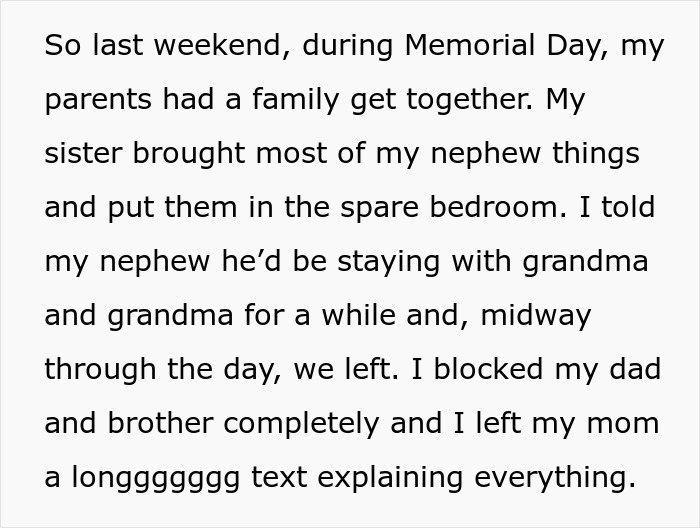 Single mom abandoning toddler, leaving family gathering to restart life while nephew stays with grandma.