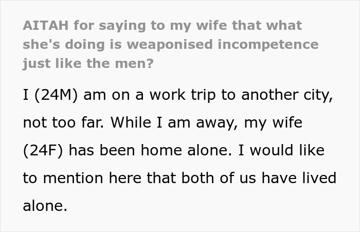 Text excerpt discussing weaponized incompetence involving a husband on a work trip and his wife at home alone. Text excerpt discussing weaponized incompetence involving a husband on a work trip and his wife at home alone.