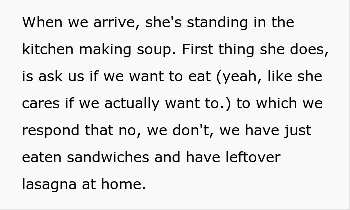 Text excerpt describing a cheap MIL feeding son and his girlfriend spoiled food and bullying them into eating it.