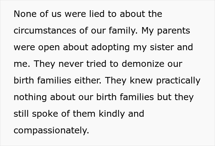 Text about family openness, adoption, and respectful attitudes towards birth families despite limited knowledge.