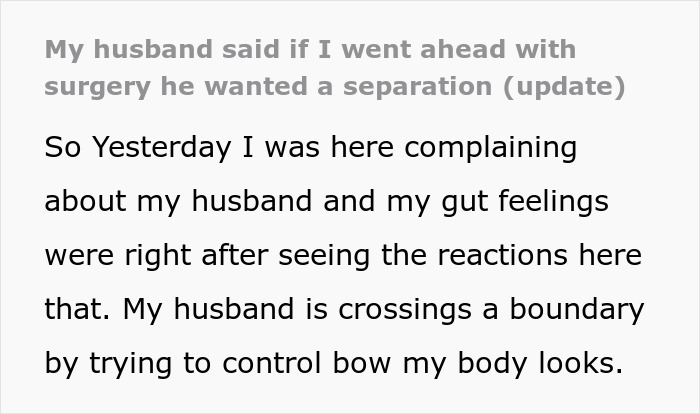 Text from a woman explaining her husband gave an ultimatum over her plastic surgery, touching on husband reduction.