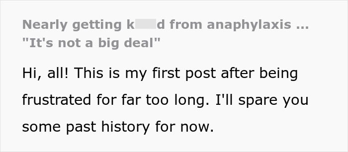 Text post discussing an anaphylactic shock incident leading to an ER visit caused by a mother-in-law's actions.