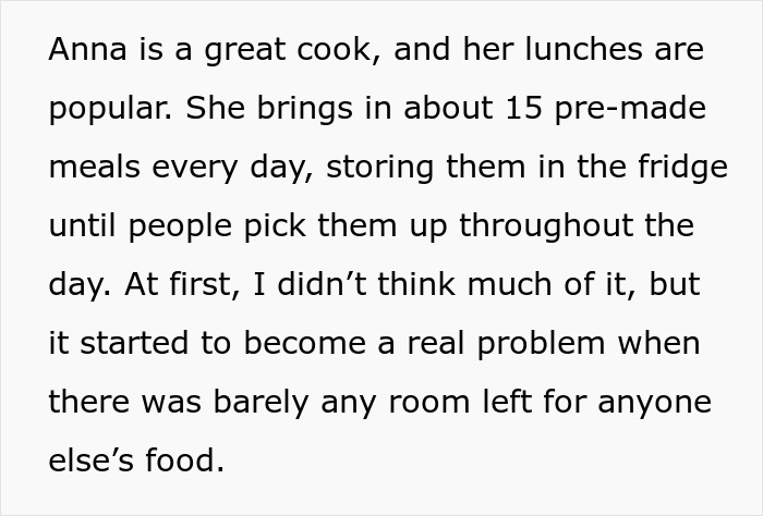 Office fridge crowded with coworker’s multiple lunch containers, leaving no space for others’ food storage. Office fridge crowded with coworker’s multiple lunch containers, leaving no space for others’ food storage.