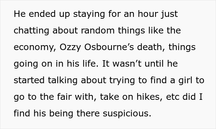 Text excerpt discussing a suspicious stalker customer who unexpectedly found a home and rang the doorbell.