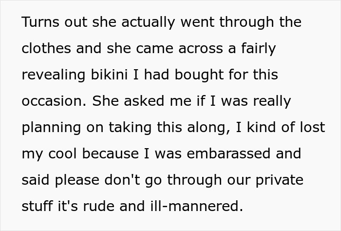 Military member criticizing suitcase contents after finding a revealing bikini, expressing embarrassment and asking for privacy.
