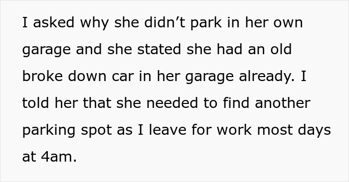 Text showing a conversation about a neighbor refusing to park in her garage and the need to find another parking spot.