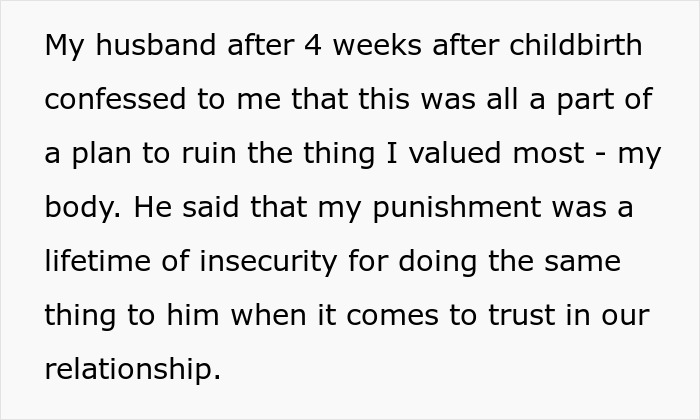 Text excerpt about husband coercing wife into pregnancy as punishment, focusing on body and trust issues in relationship.