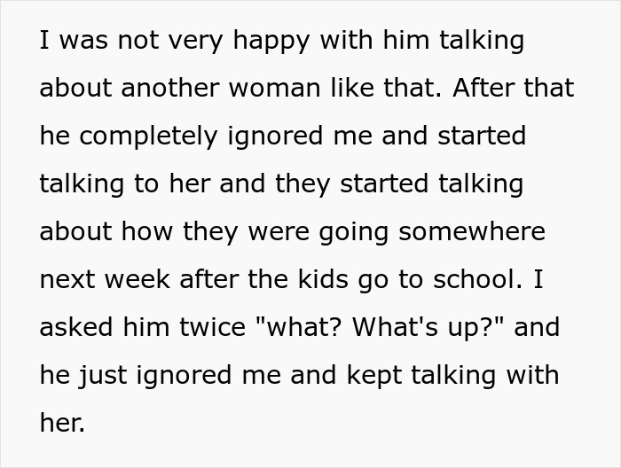 Text excerpt showing a woman suspicious of her husband&rsquo;s coworker while nannying his girlfriend&rsquo;s children for free.