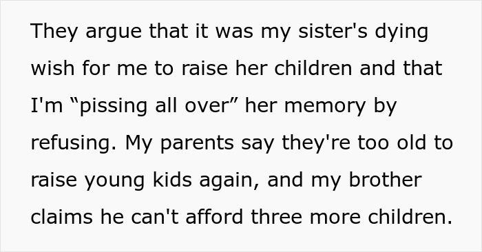 Text about a woman refusing to raise her late sister’s children, impacting her life drastically. Text about a woman refusing to raise her late sister’s children, impacting her life drastically.