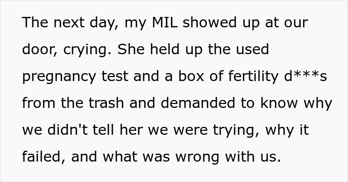 Text showing a MIL banned from visiting couple after she finds out about their secret digging through trash.