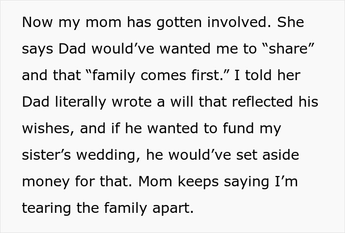 Text excerpt showing a family dispute over a sister&rsquo;s wedding funding and refusal to share $30K for the event.