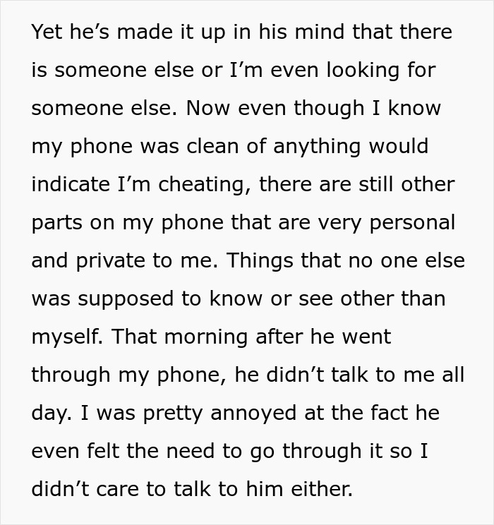 Text discussing a man going through his girlfriend&rsquo;s phone behind her back, causing shock and conflict in their relationship.
