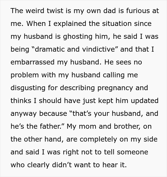 Alt text: Text discussing husband calling pregnant wife disgusting and family reactions to his behavior and ignoring baby.