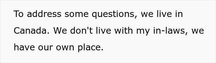 Text on a plain white background stating a personal clarification about living in Canada and not with in-laws.